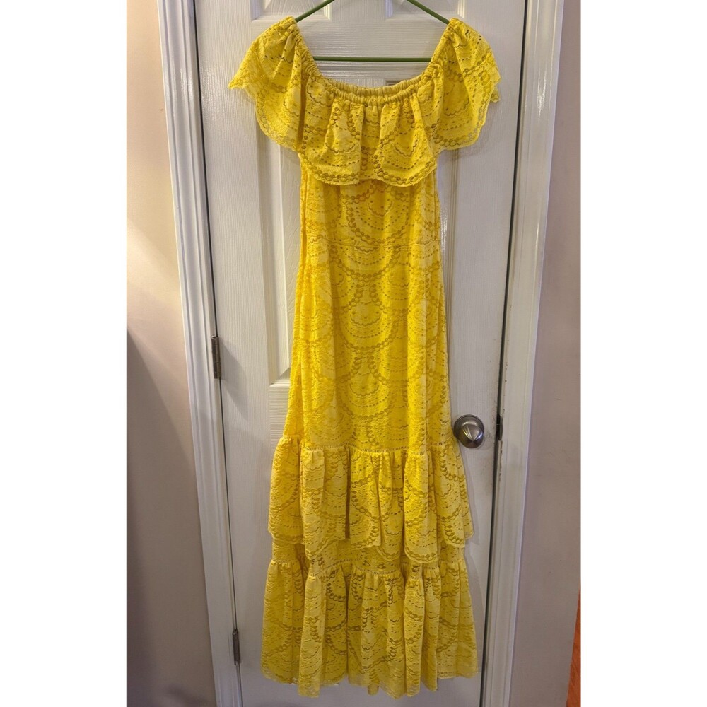 Gianni Bini Yellow Lace Tiered Midi Dress Sz M NWT Off Shoulder Boho Romantic - Picture 2 of 9